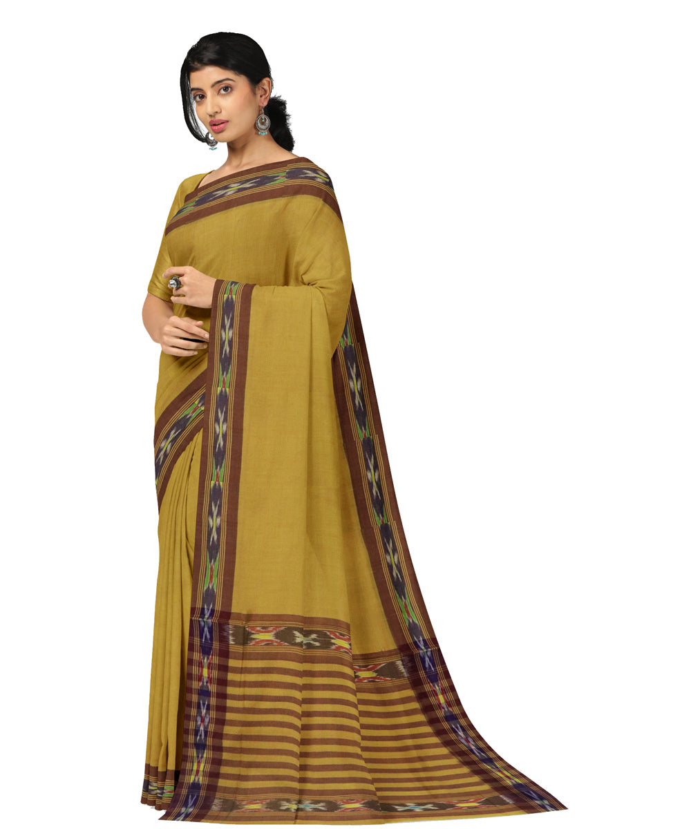 Yellow brown cotton handwoven dulla saree