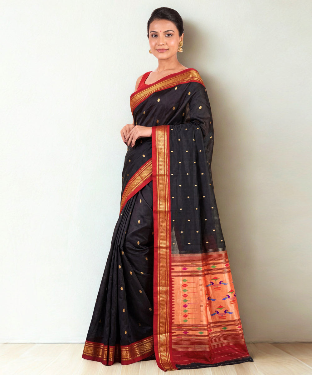 Black maroon Cotton Handloom Paithani Saree