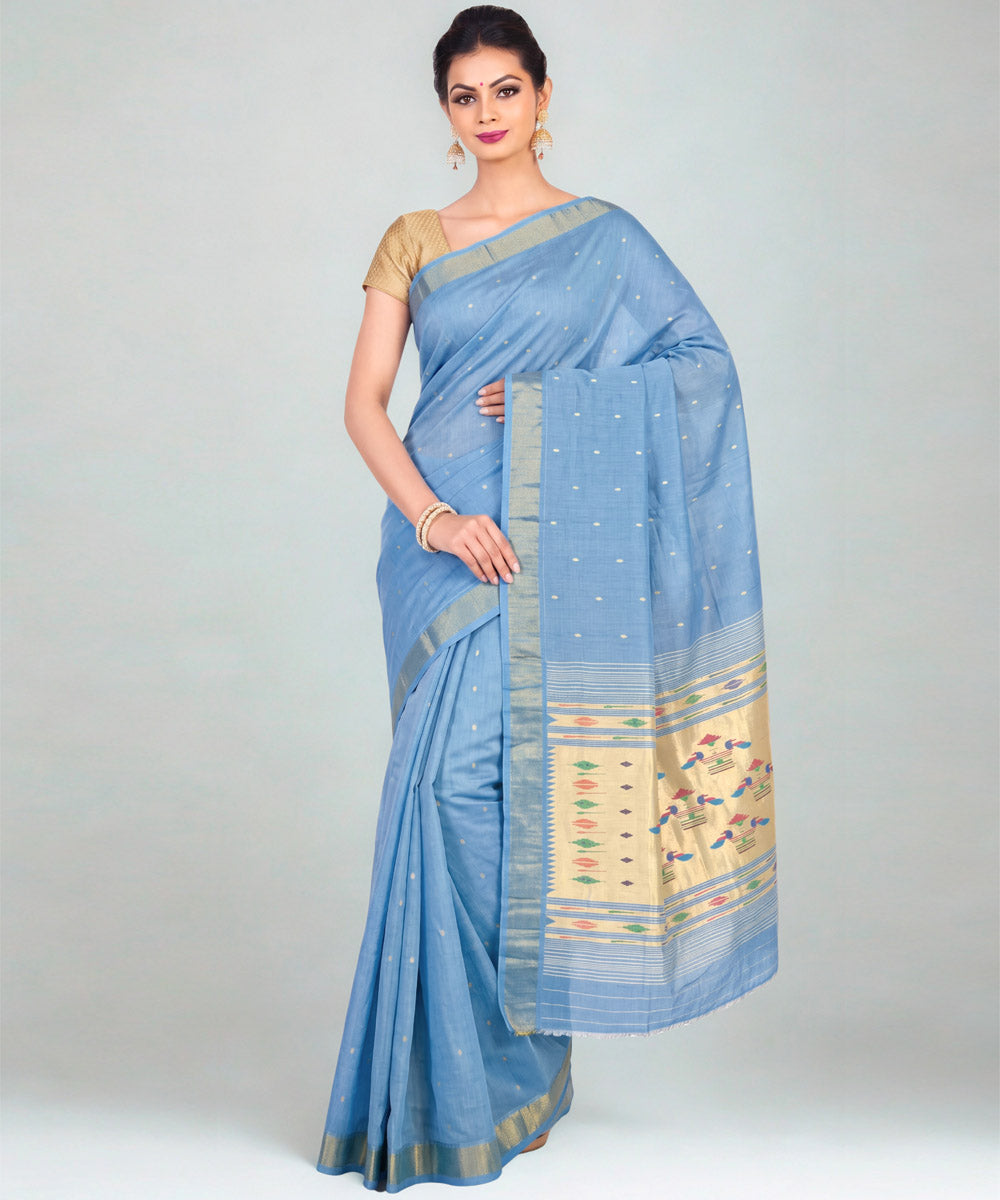 Powder blue Cotton Handloom Paithani Saree