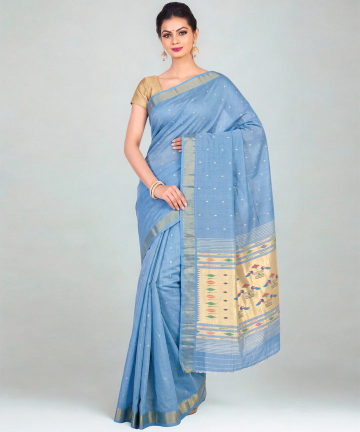 Powder blue Cotton Handloom Paithani Saree