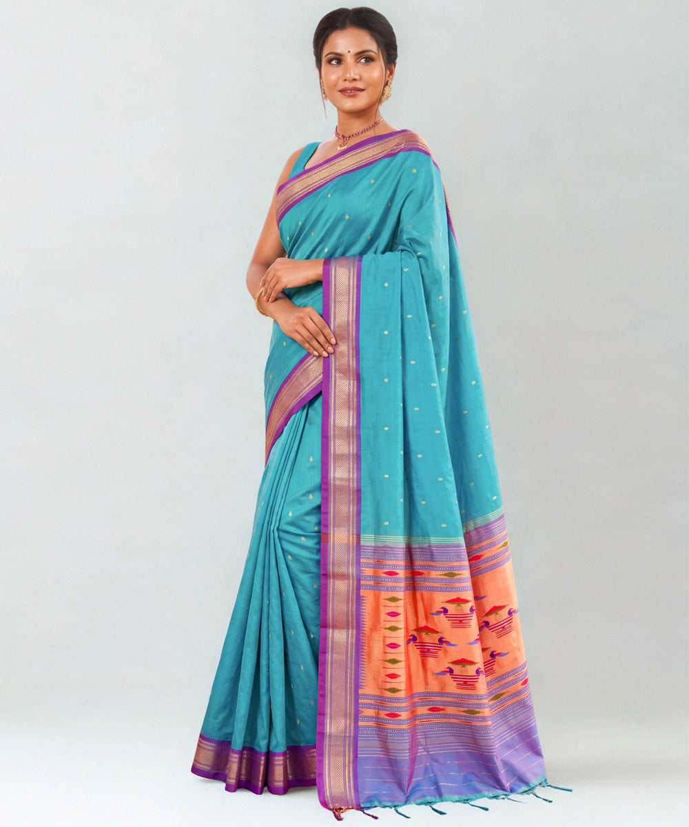 Sea green Silk Handloom Paithani Saree