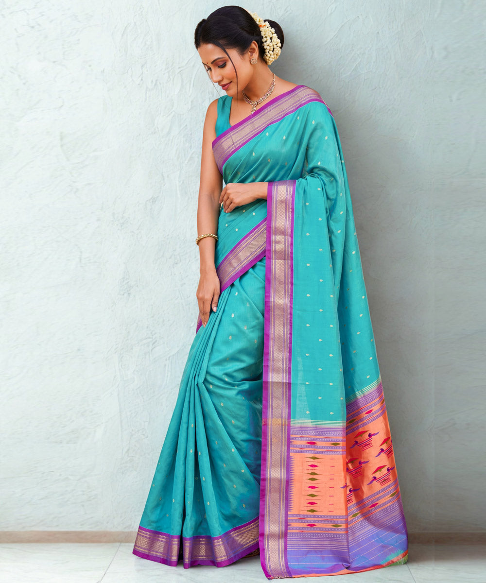 Sea green Silk Handloom Paithani Saree
