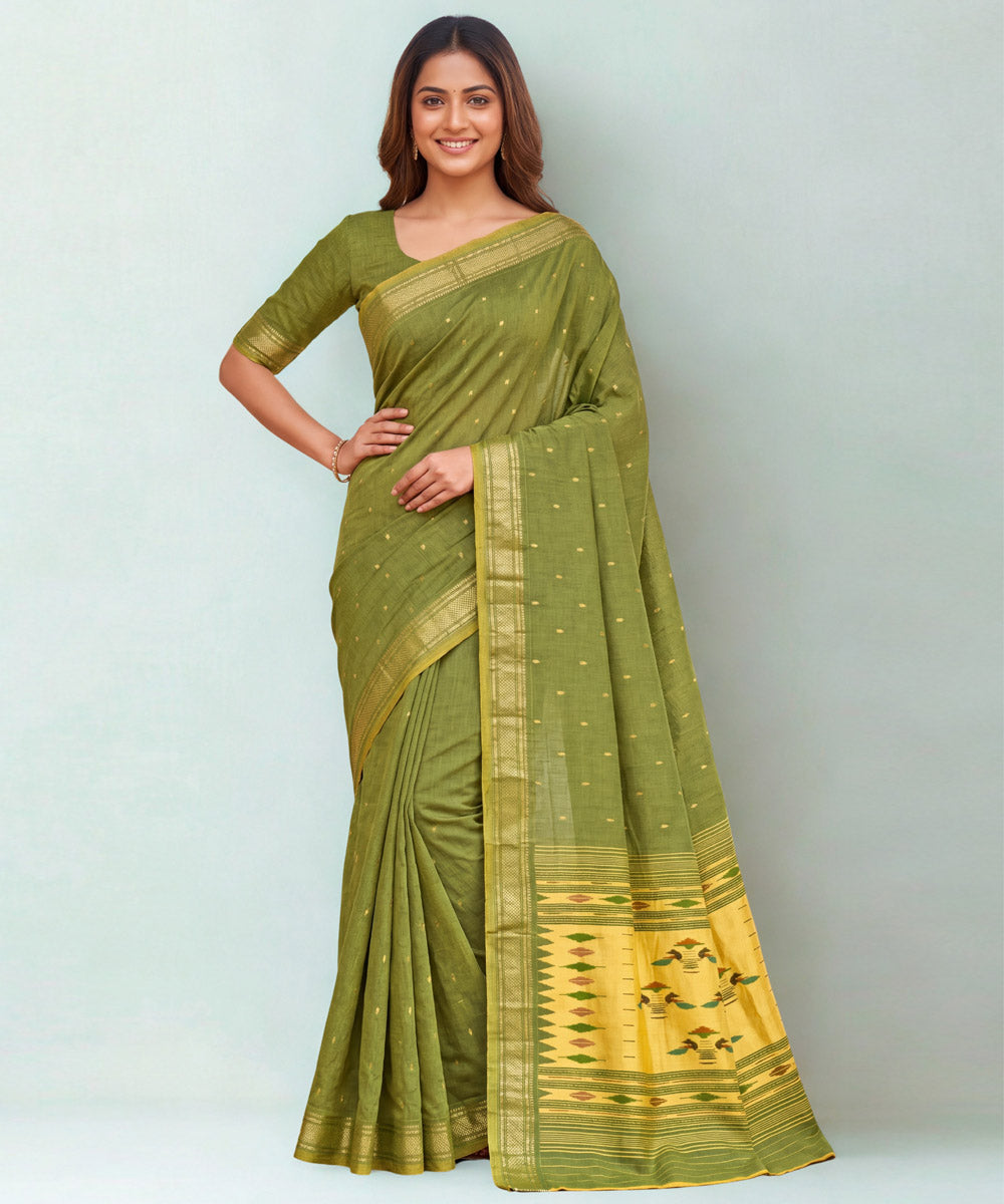 Olive Green Lemon yellow Cotton Handloom Paithani Saree