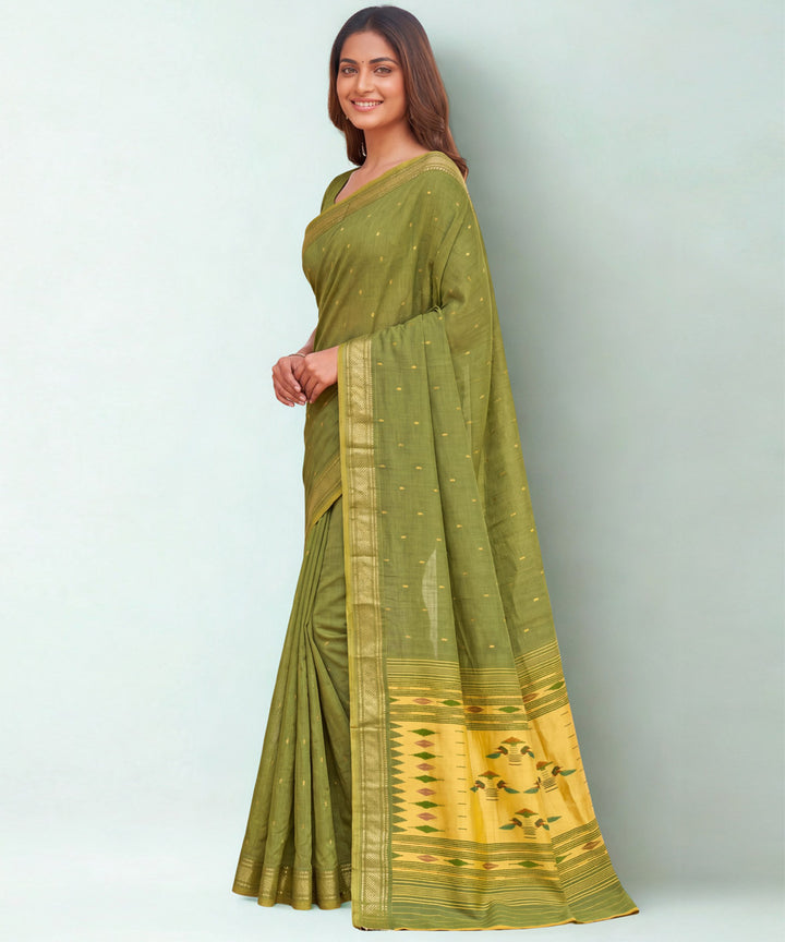 Olive Green Lemon yellow Cotton Handloom Paithani Saree