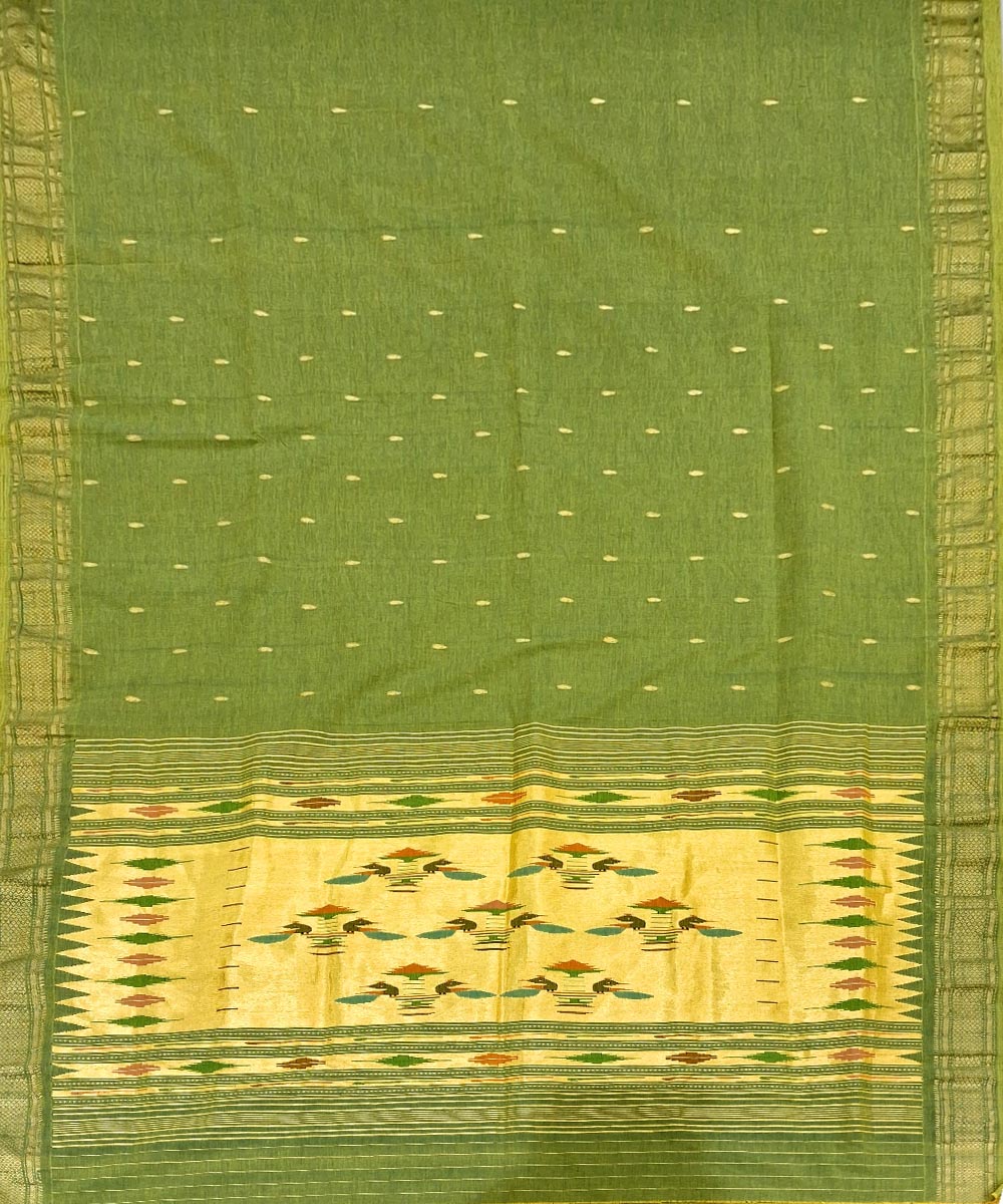 Olive Green Lemon yellow Cotton Handloom Paithani Saree