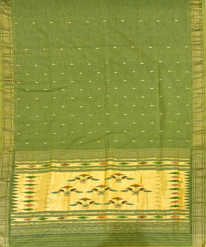 Olive Green Lemon yellow Cotton Handloom Paithani Saree