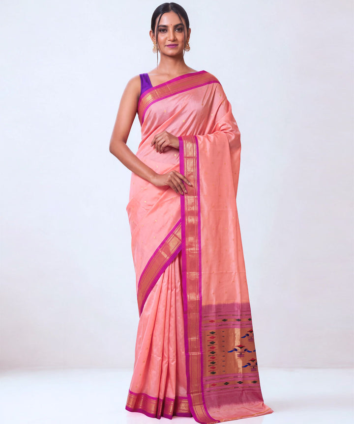 Peach pink Silk Handloom Paithani Saree