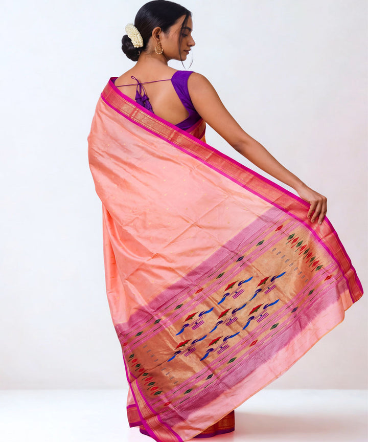 Peach pink Silk Handloom Paithani Saree