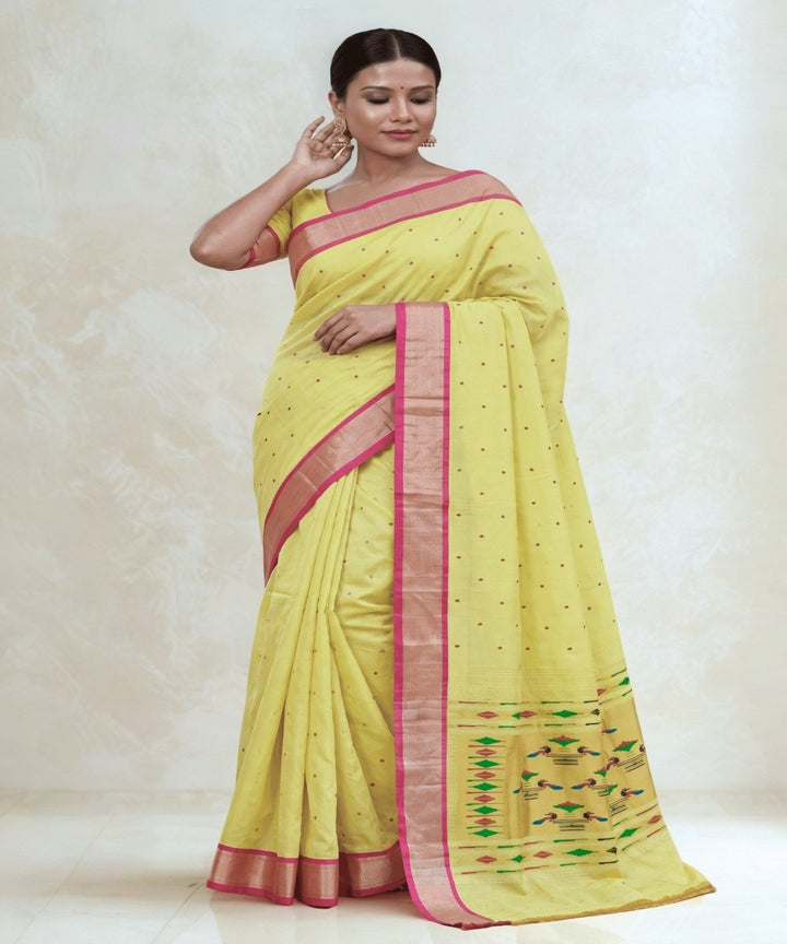 Lime yellow Cotton Handloom Paithani Saree
