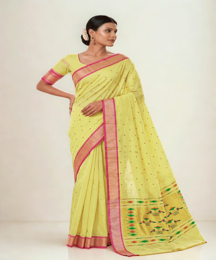 Lime yellow Cotton Handloom Paithani Saree