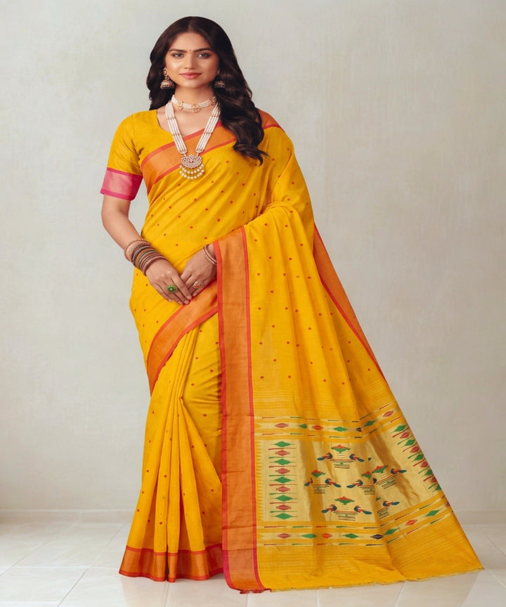 Mustard yellow Cotton Handloom Paithani Saree