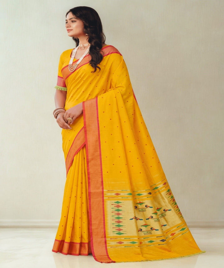 Mustard yellow Cotton Handloom Paithani Saree