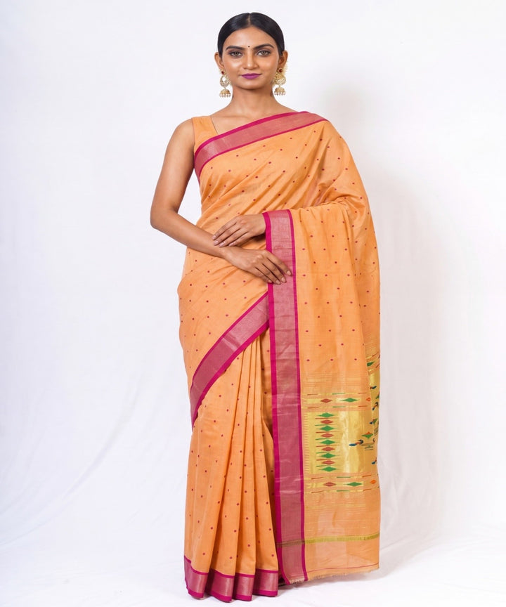 Butterscotch yellow Cotton Handloom Paithani Saree