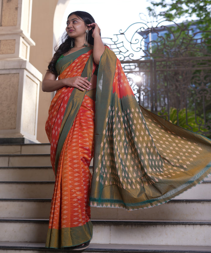 Orange hand woven cotton pochampally ikat saree