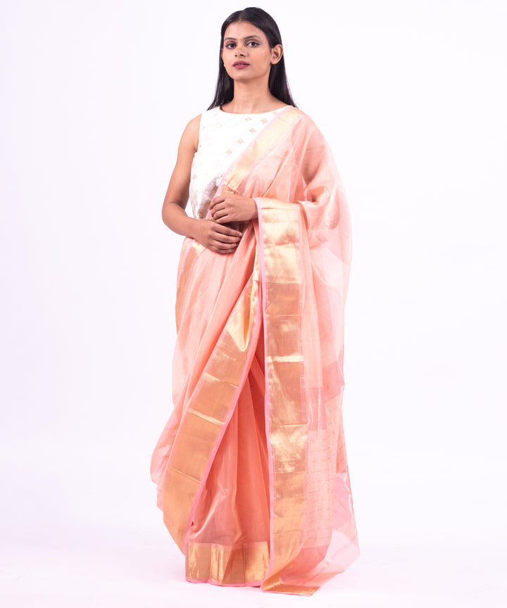 Pink handwoven maheshwari cotton silk saree