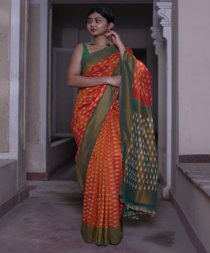 Orange hand woven cotton pochampally ikat saree