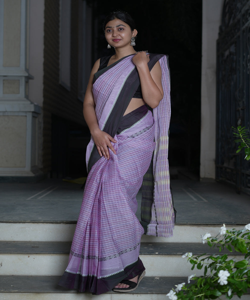 Mauve checks cotton handwoven narayanapet saree