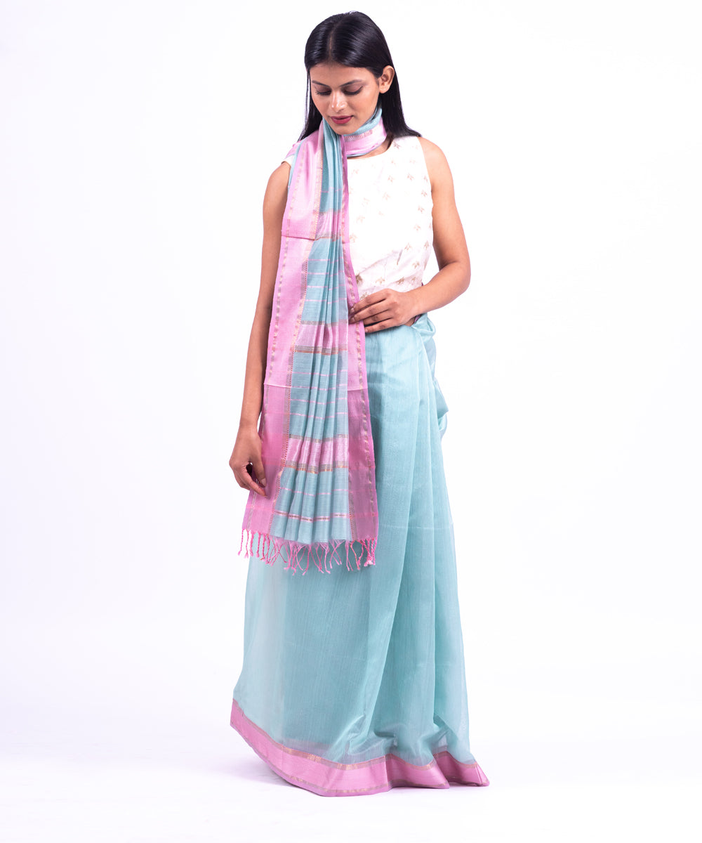 Aqua pink handwoven maheshwari cotton silk saree