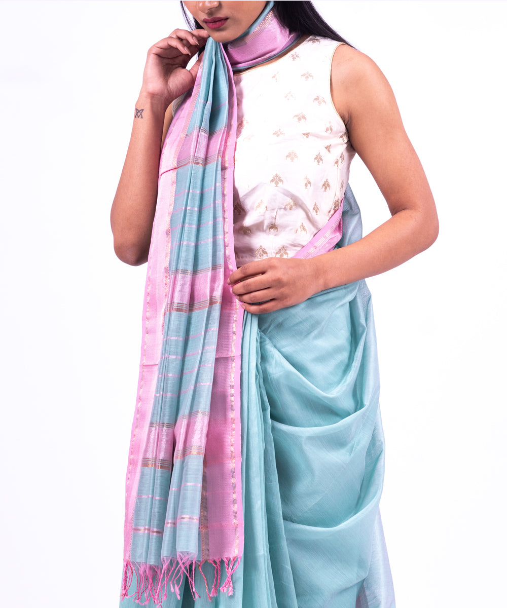Aqua pink handwoven maheshwari cotton silk saree