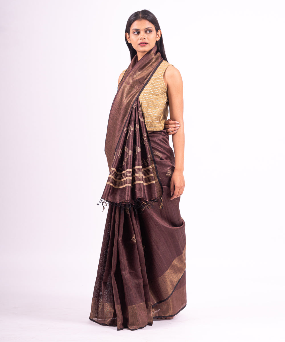 Brown handwoven raw silk saree