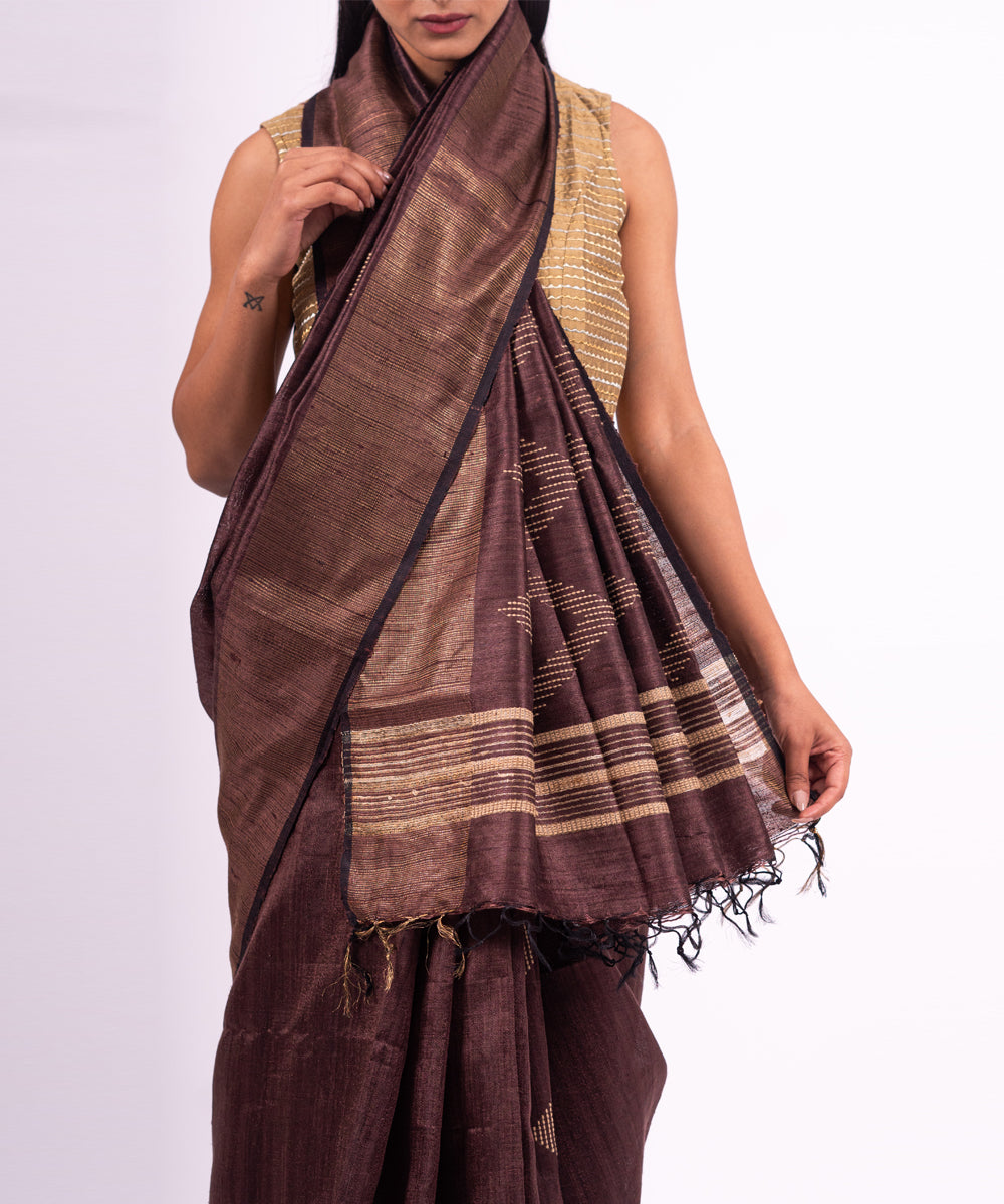 Brown handwoven raw silk saree