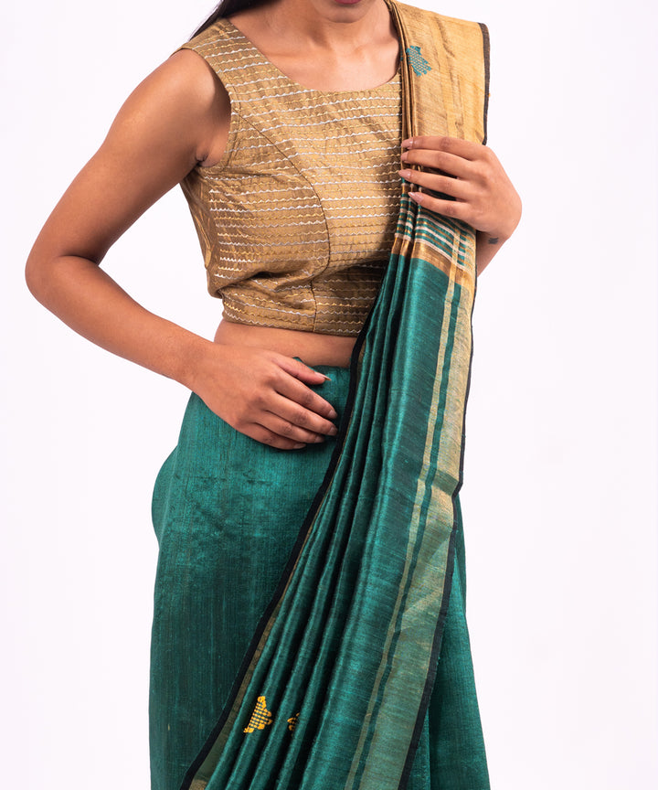 Green golden handwoven raw silk saree