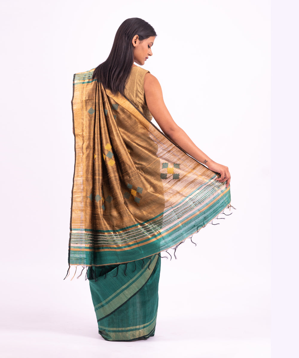Green golden handwoven raw silk saree