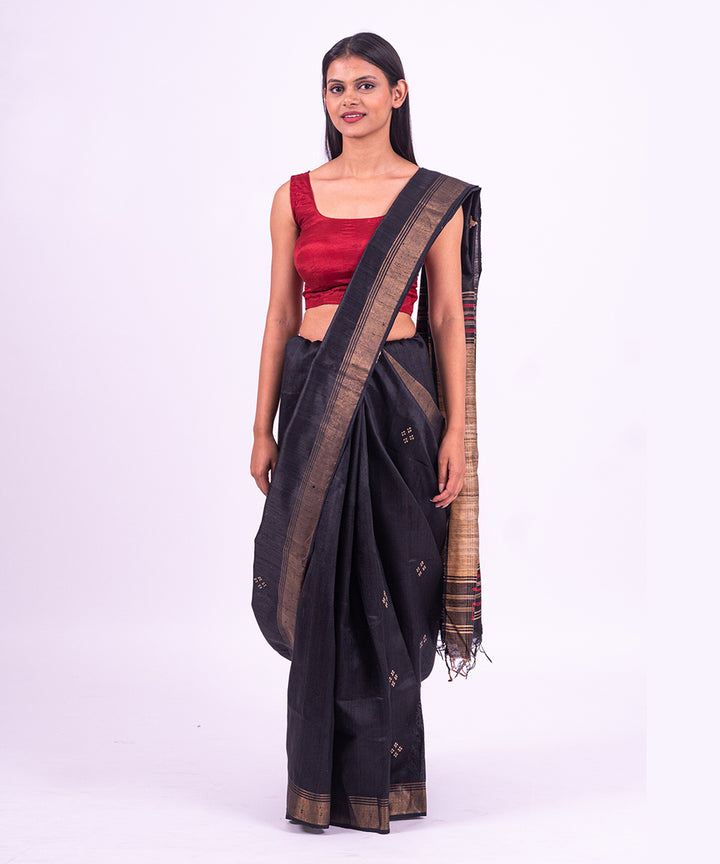 Black red handwoven raw silk saree