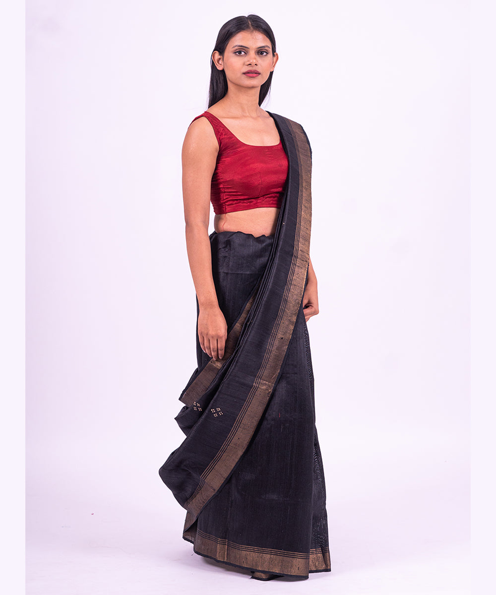 Black red handwoven raw silk saree