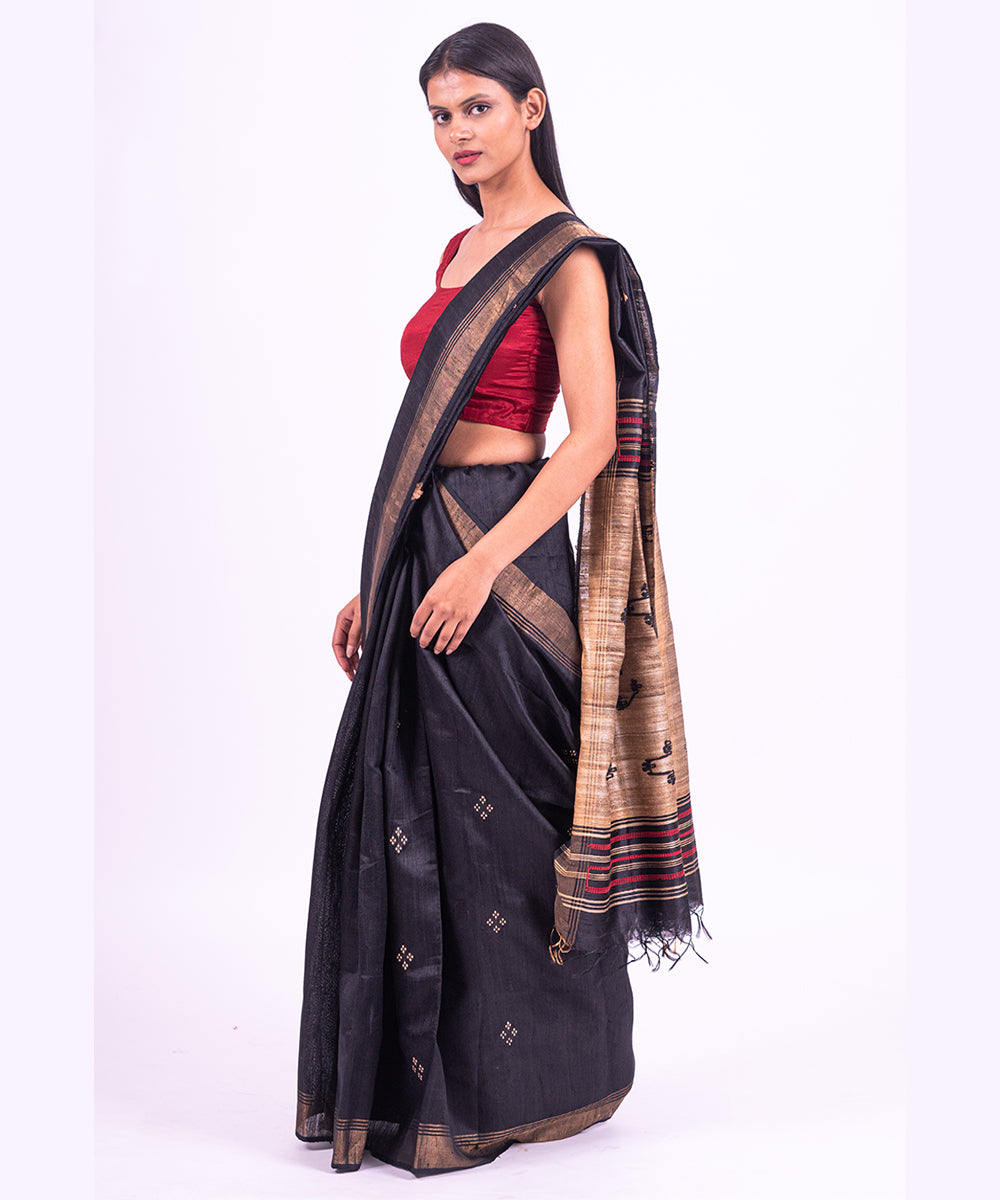 Black red handwoven raw silk saree