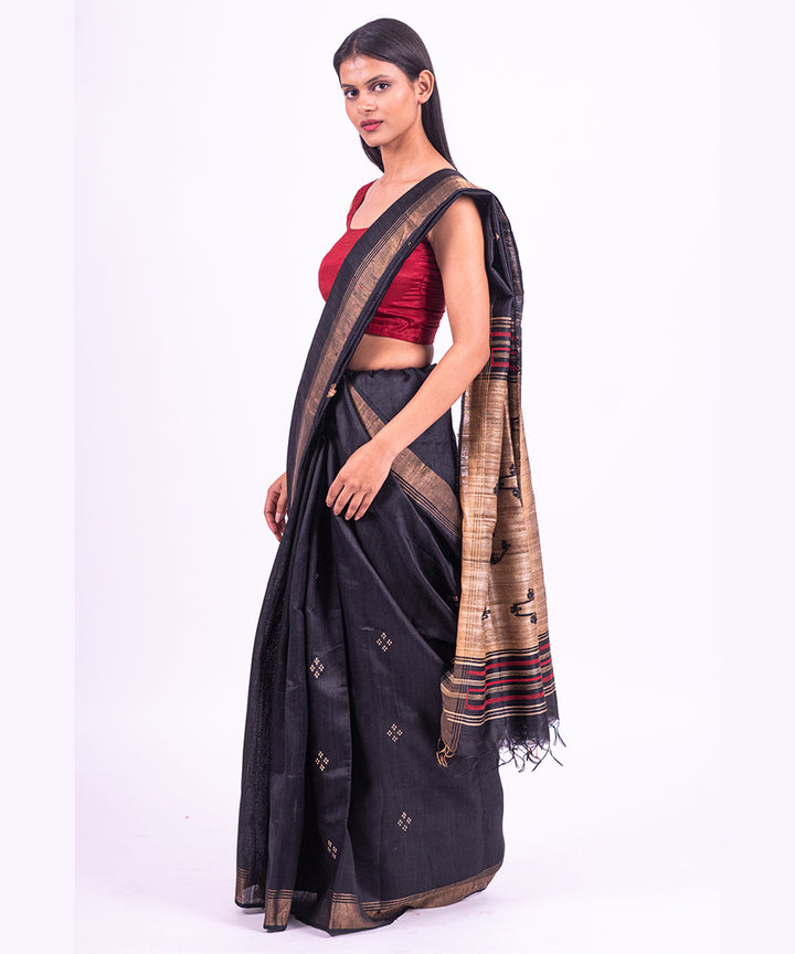 Black red handwoven raw silk saree