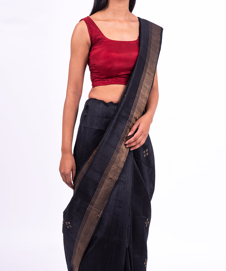 Black red handwoven raw silk saree