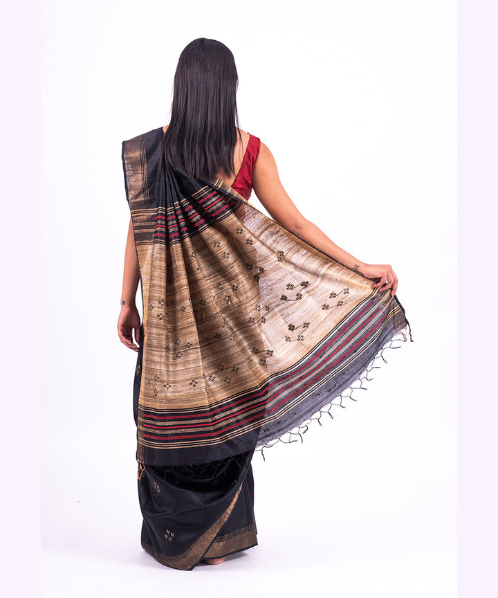 Black red handwoven raw silk saree