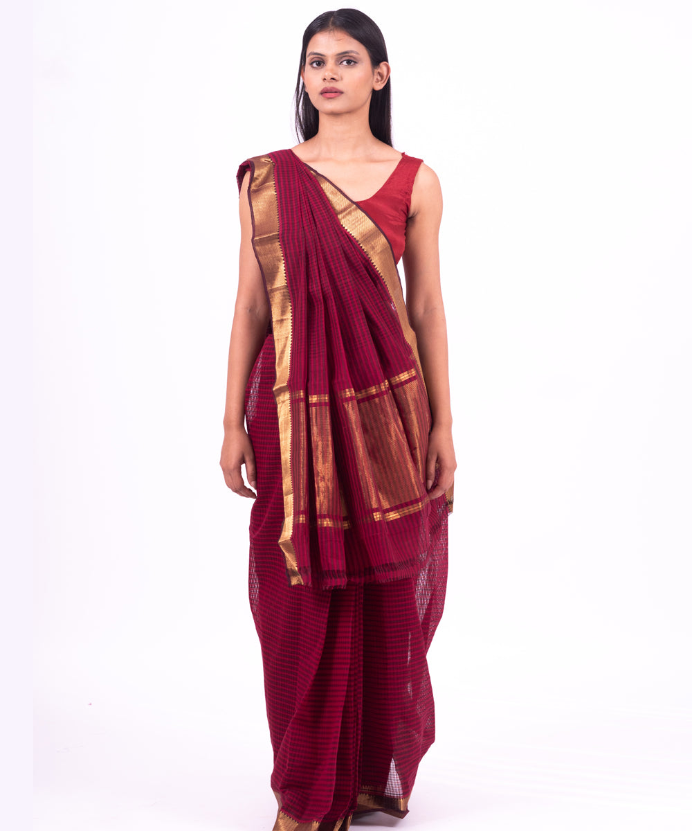 Wine handwoven mangalagiri cotton saree