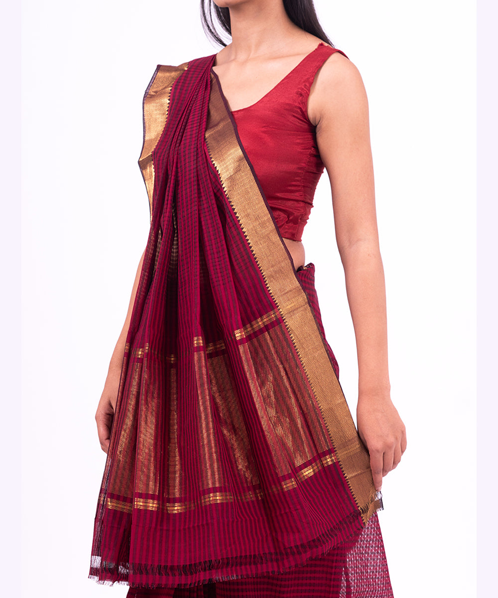 Wine handwoven mangalagiri cotton saree