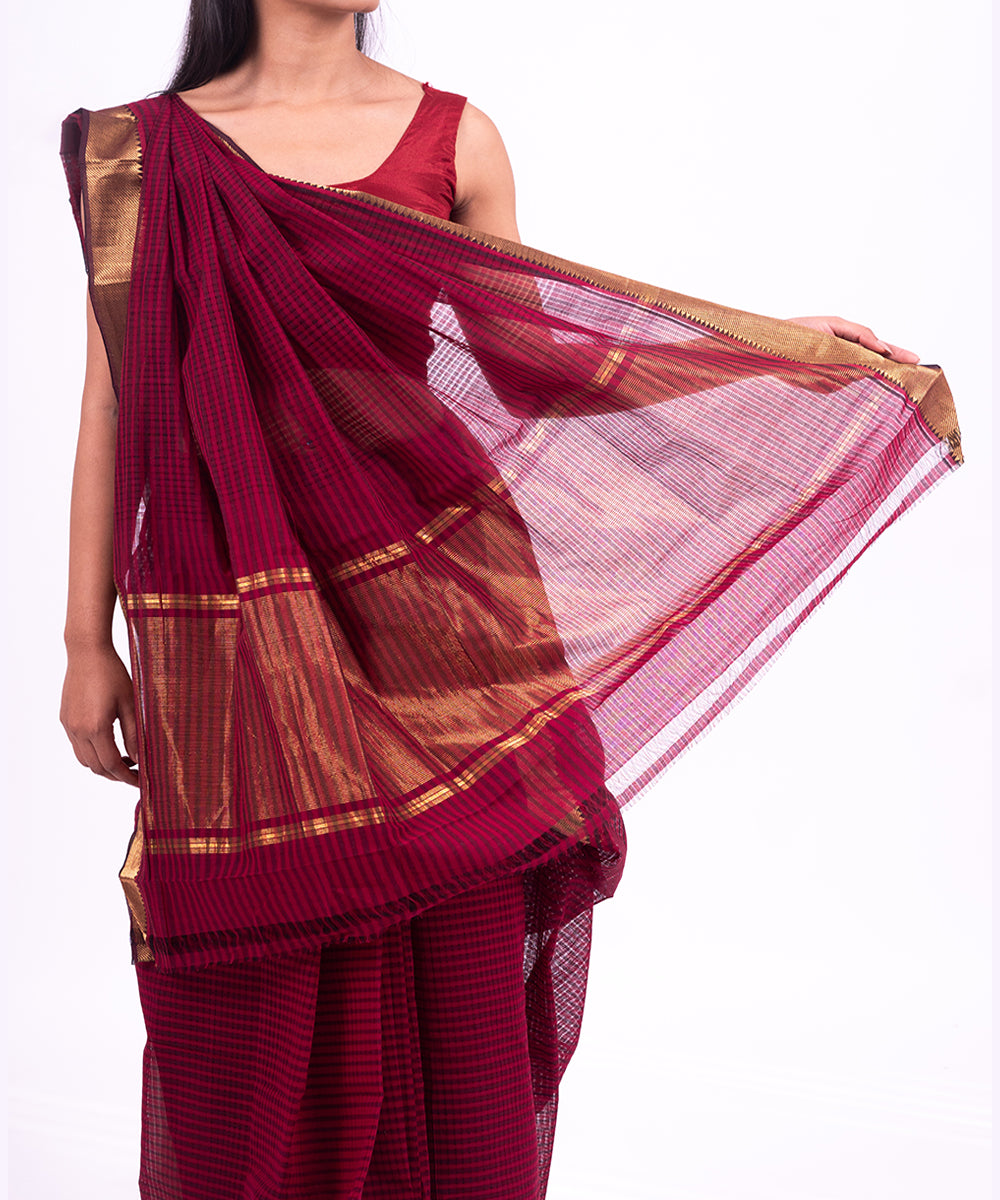 Wine handwoven mangalagiri cotton saree