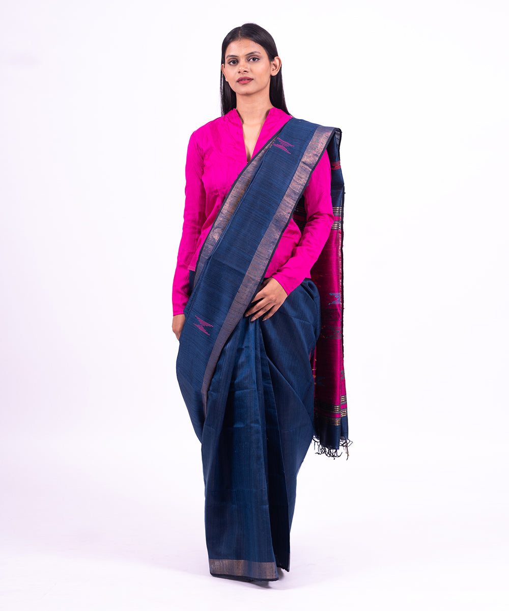 Pink blue handwoven raw silk saree