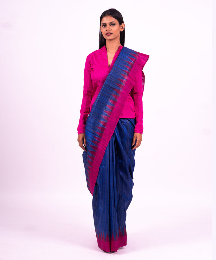 Dark blue pink handwoven tussar silk saree