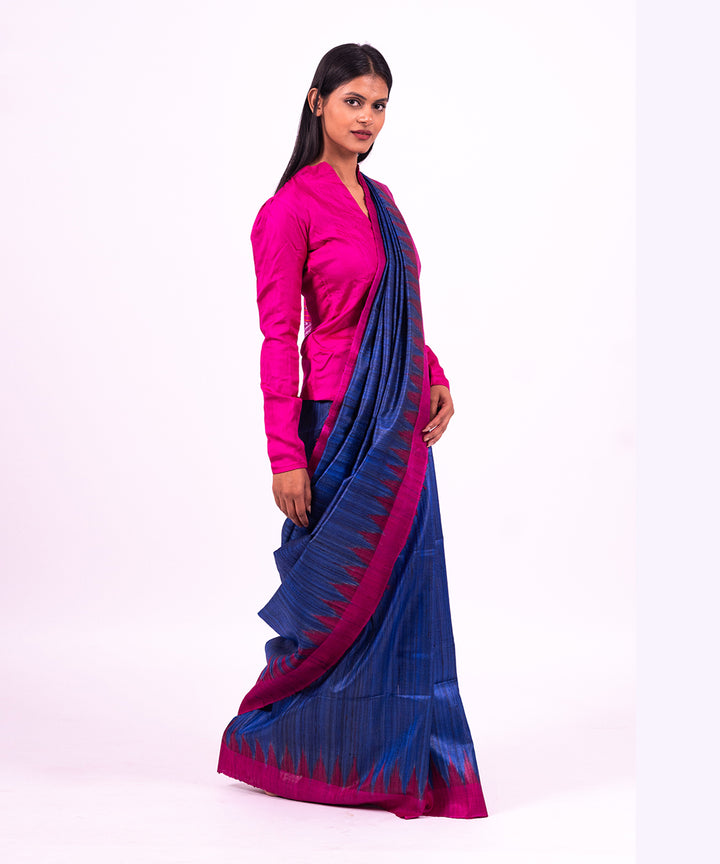 Dark blue pink handwoven tussar silk saree