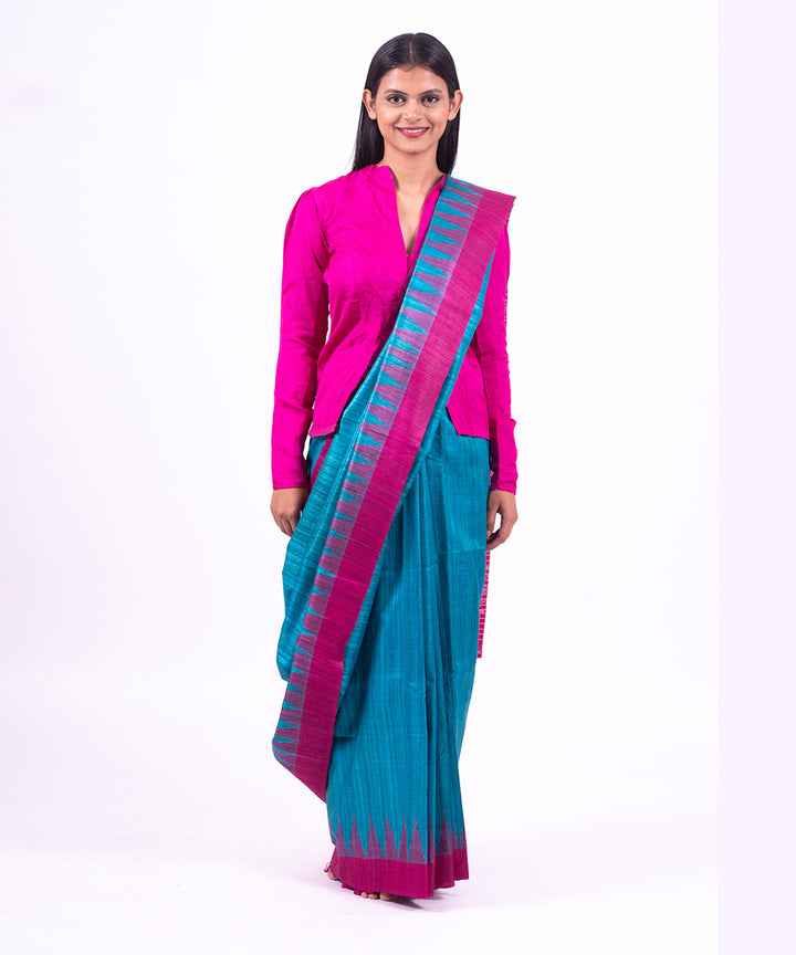 Blue pink handwoven tussar silk saree