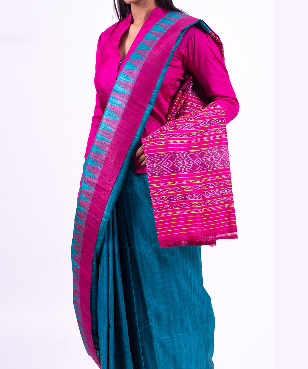 Blue pink handwoven tussar silk saree