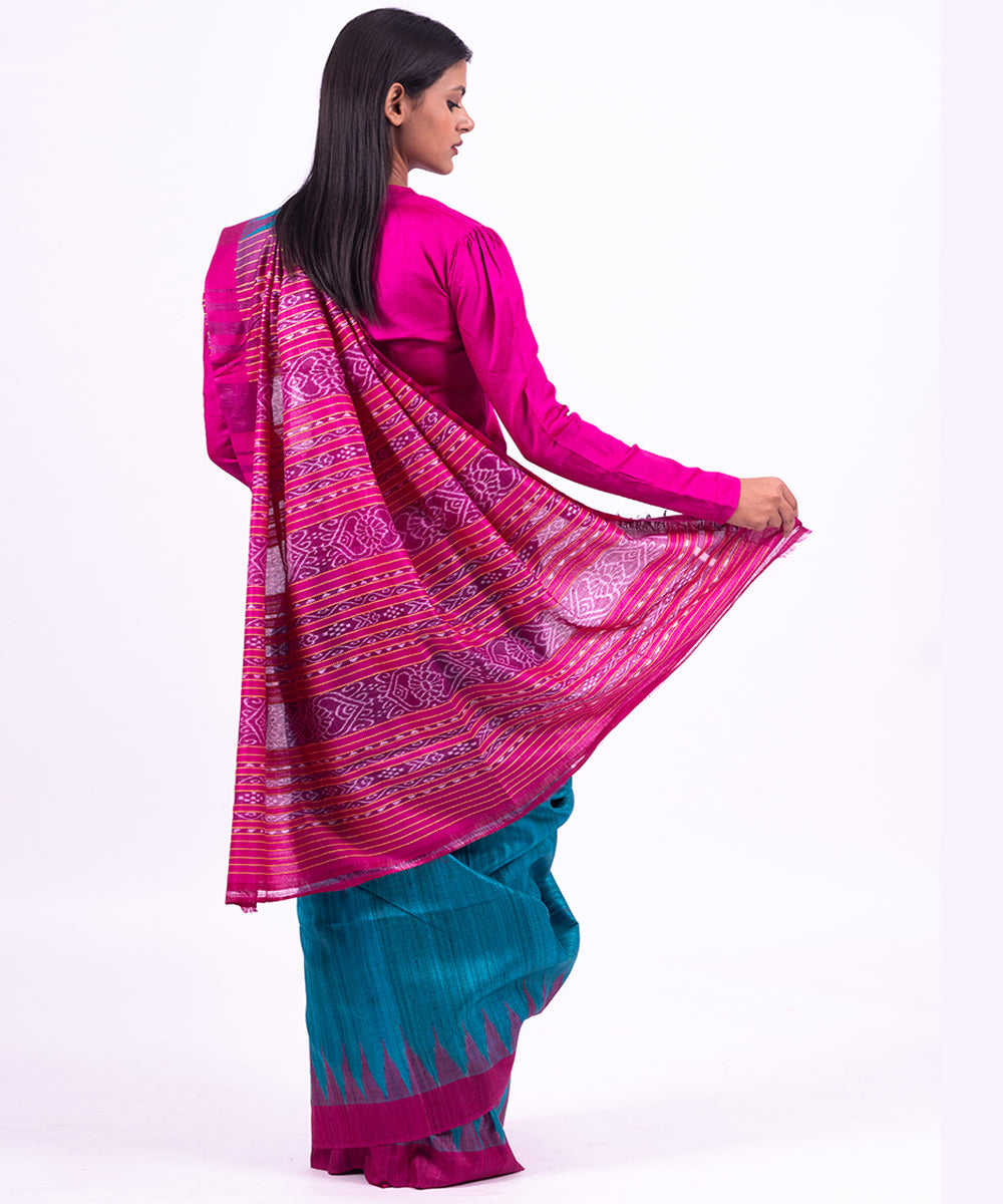 Blue pink handwoven tussar silk saree