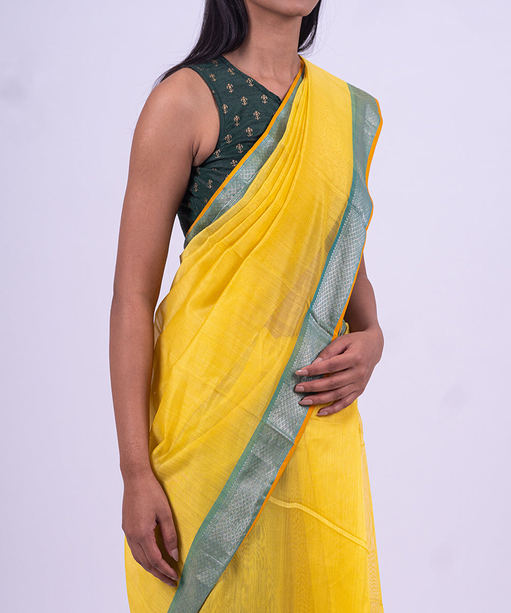 Yellow aqua handwoven maheshwari cotton silk saree