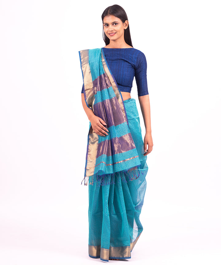 Blue handwoven maheshwari cotton silk saree