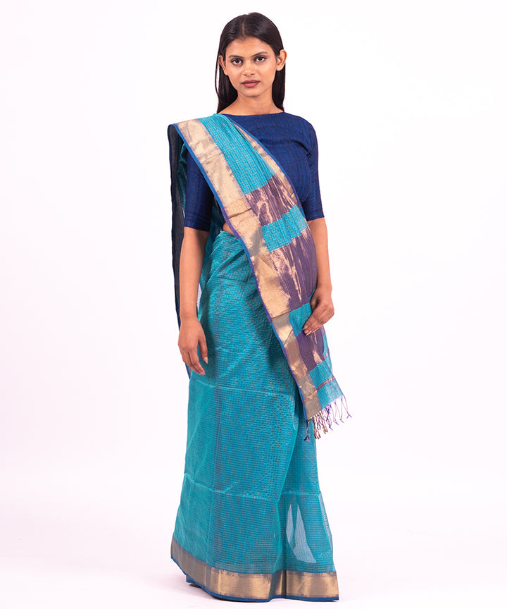 Blue handwoven maheshwari cotton silk saree