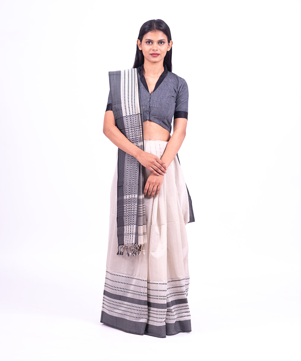 White black handwoven maheshwari cotton silk saree