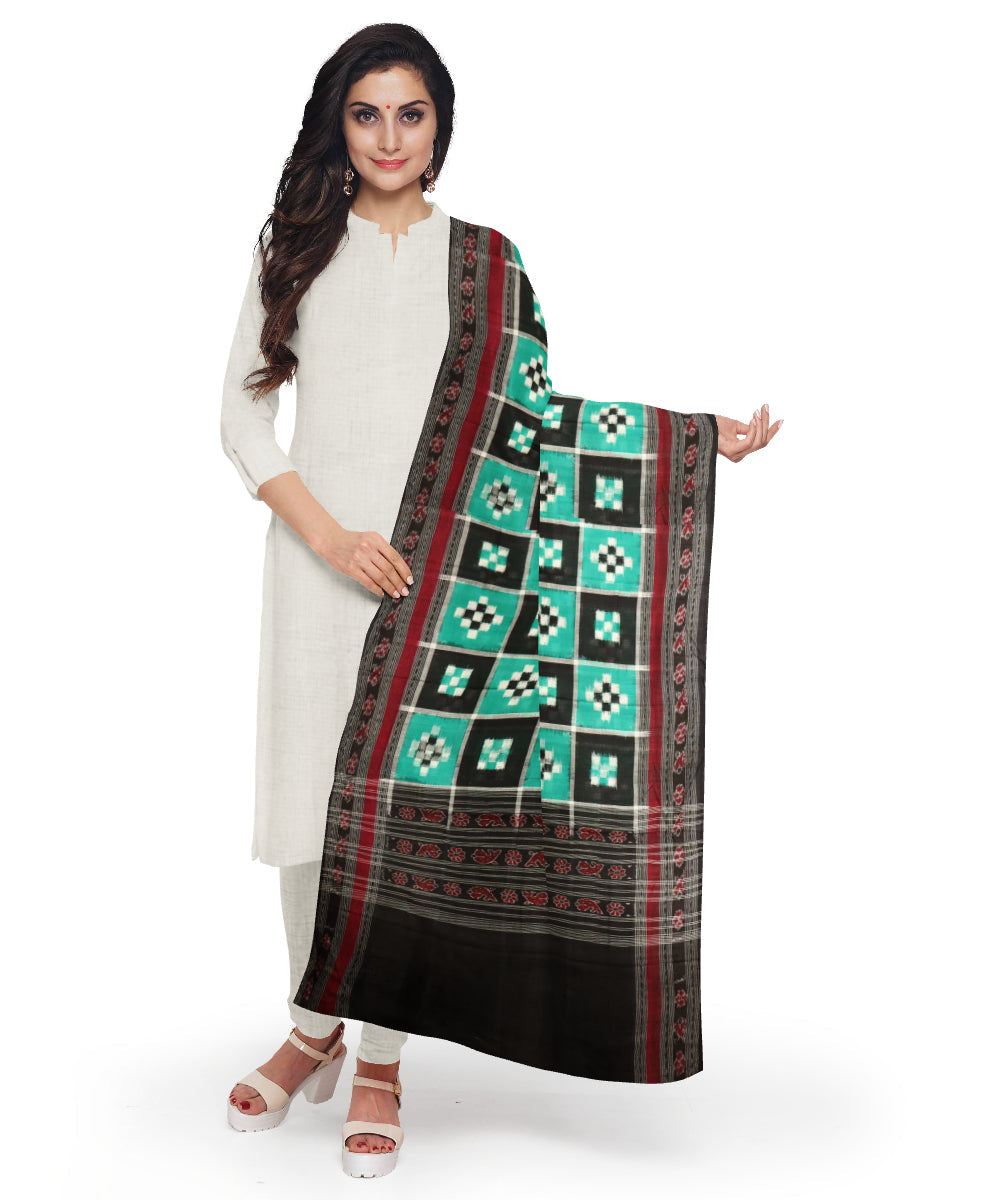 Sea green black cotton handloom double ikat sambalpuri dupatta