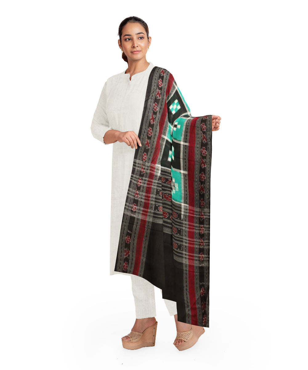 Sea green black cotton handloom double ikat sambalpuri dupatta