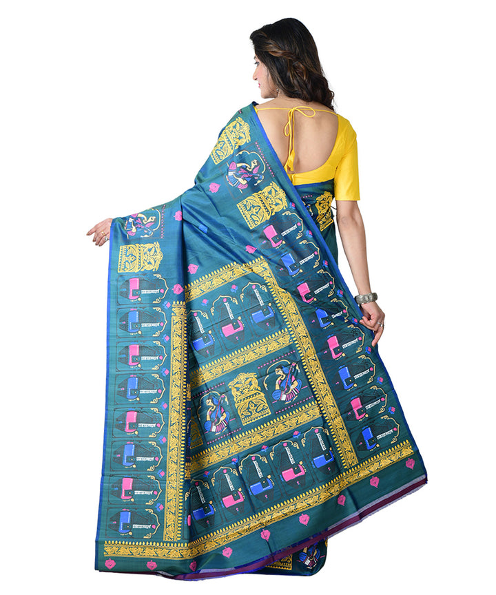 Turquoise multicolor block print handprinted silk saree