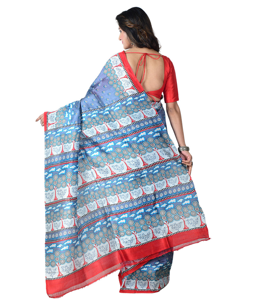 Grey multicolor  handprinted silk saree